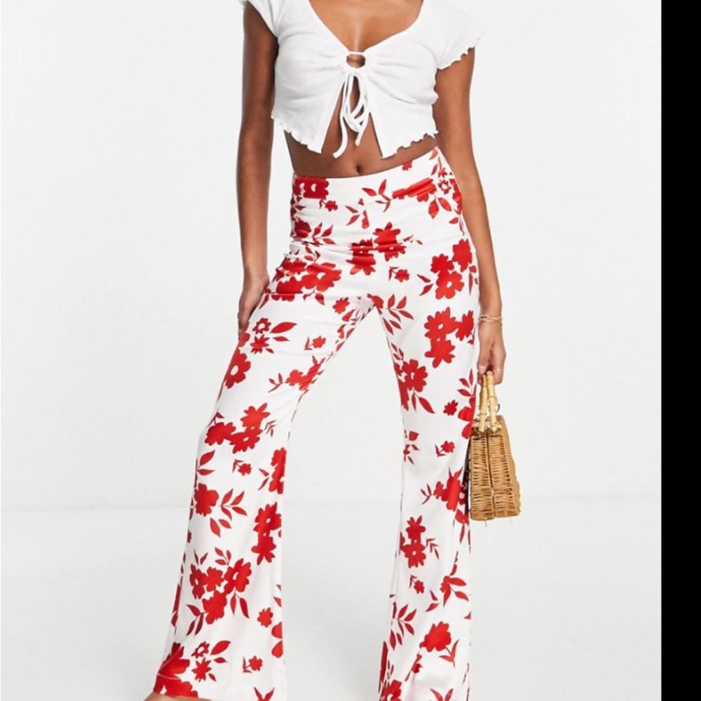 Floral Boot Cut Pants - Red & White